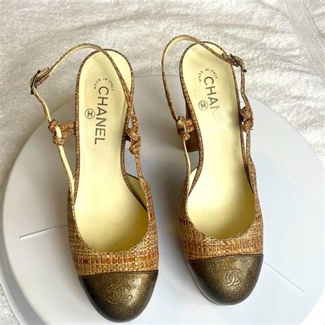 chanel beige chanel woven straw slingback platform heels|chanel slingback pumps.